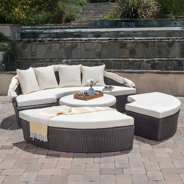 Shelly Outdoor Rattan Sectional Sofa Set with Daybed Sunbed, Patio Garden Lounge Seating, Aluminium Frame, Cushioned Modular Outdoor Furniture