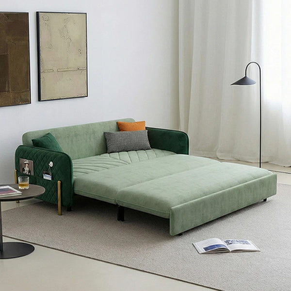 Aditi Two Seater Sofa Bed – Modern Pull-Out Sofa Bed with Suede Upholstery, Metal Frame & High Density Foam Cushioning, Light Green Space-Saving Guest Bed Sofa