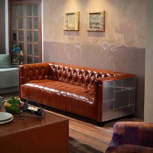Aviator Three Seater Sofa – Real Leather Upholstered Modern Sofa with Aluminium Frame, Contemporary Living Room Couch in Light Brown & Dark Brown - My Store