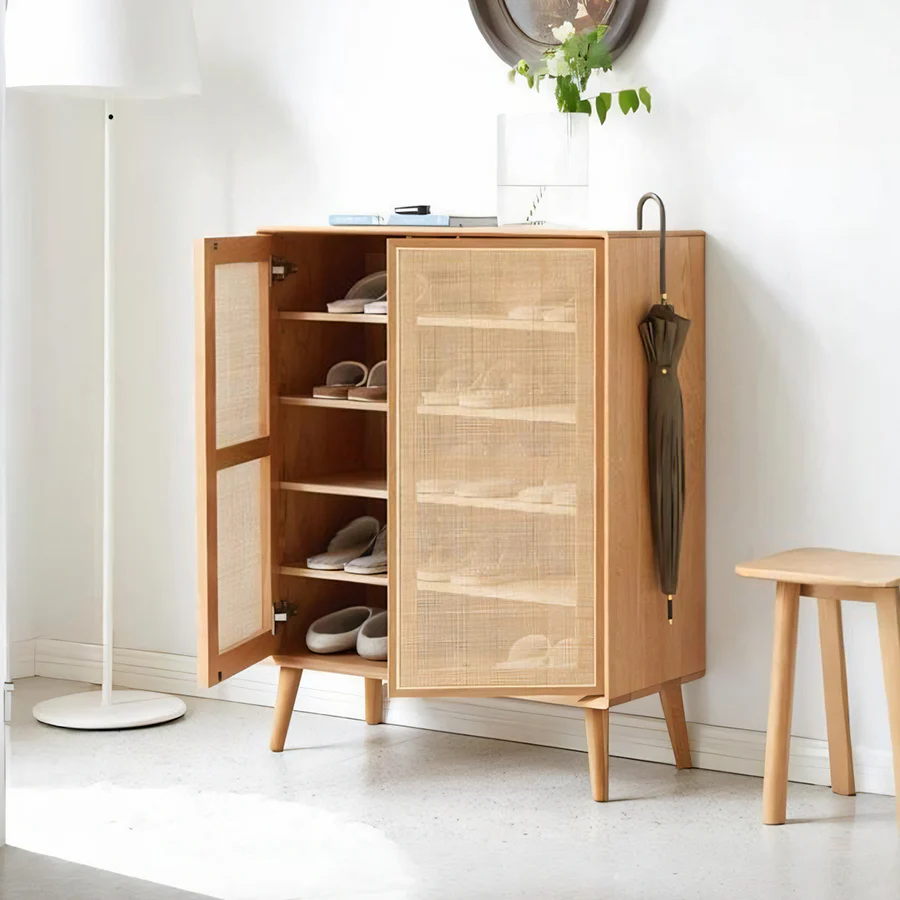 Hans Rattan Shoe Storage Cabinet in Oak Finish – Modern Wooden Shoe Organizer with Breathable Rattan Doors, Space-Saving Hallway Storage Unit - My Store