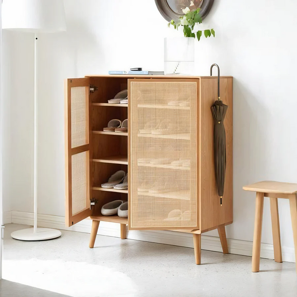 Hans Rattan Shoe Storage Cabinet in Oak Finish – Modern Wooden Shoe Organizer with Breathable Rattan Doors, Space-Saving Hallway Storage Unit - My Store