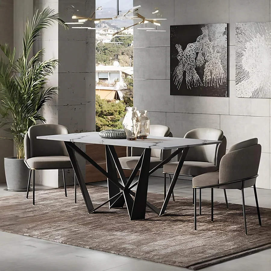 Helix Sintered Stone Dining Table Set with Black Steel Base, Modern Rectangular Dining Table and Chairs Set, Contemporary Dining Room Furniture
