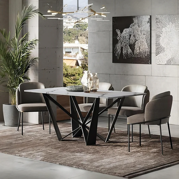 Helix Sintered Stone Dining Table Set with Black Steel Base, Modern Rectangular Dining Table and Chairs Set, Contemporary Dining Room Furniture
