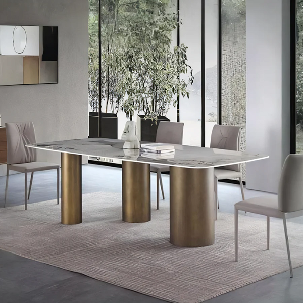 Mira Modern Dining Table – White Sintered Stone Top with Luxury Gold Metal Base, Contemporary Designer Dining Table