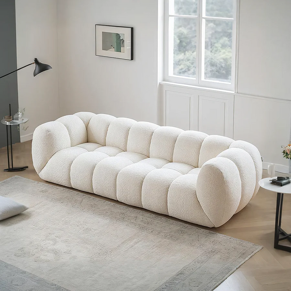 Randee BoBo Three Seater Sofa – Luxury White Boucle Cloud Sofa, Modern Contemporary 3-Seater Couch with High Density Sponge Cushion, Minimalist Living Room Sofa (250 x 100 x 67 cm)