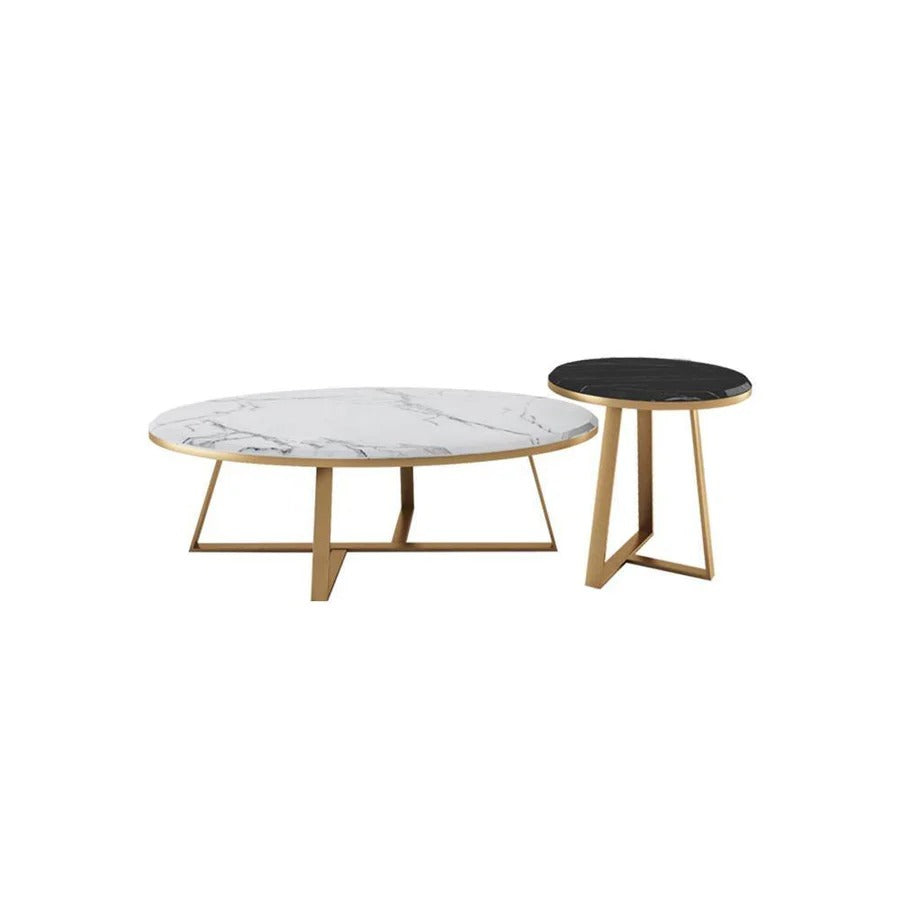 Reims Nesting Coffee Table Set – Modern Sintered Stone Top with Painted Steel Frame, White Black & Gold Contemporary Living Room Tables (Set of 2)