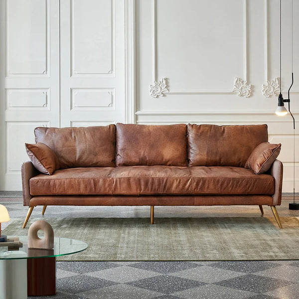 Luna 3-Seater Real Leather Sofa (208 cm)– Modern Contemporary Corner Style Couch with High Density Foam & Steel Frame – Comfortable Living Room Seating (Green, Brown, Grey) - My Store