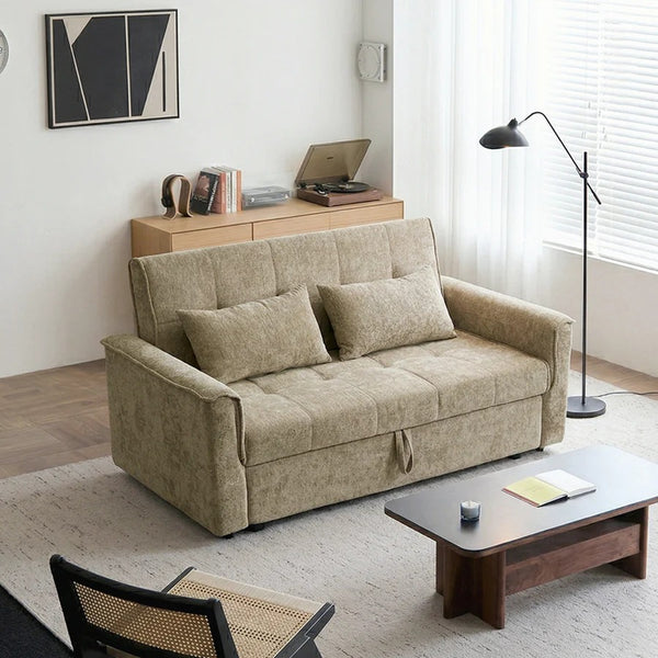 Vanta Two Seater Sofa Bed – Compact Chenille 2-Seater Sleeper Sofa, Modern Fold-Out Sofa Bed in Warm Beige/Taupe Greige – Space Saving Small Sofa Bed for Living Room & Guest Room