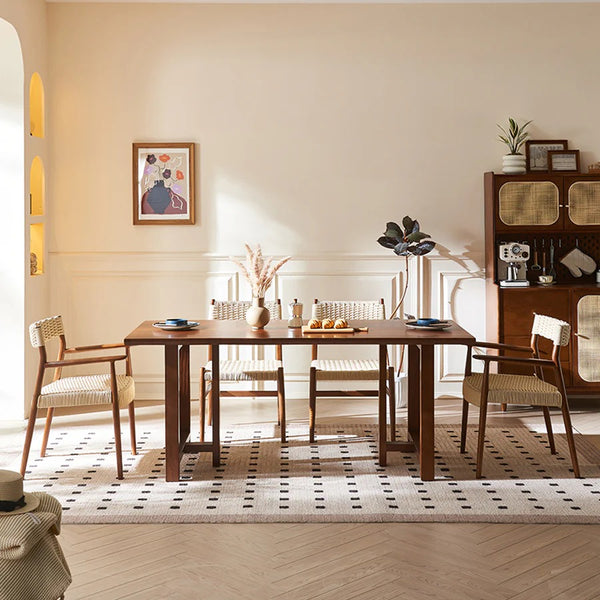 Fuchs Solid Wood & Rattan Dining Table Dark Oak Rectangular Modern Dining Room Table for Kitchen & Home