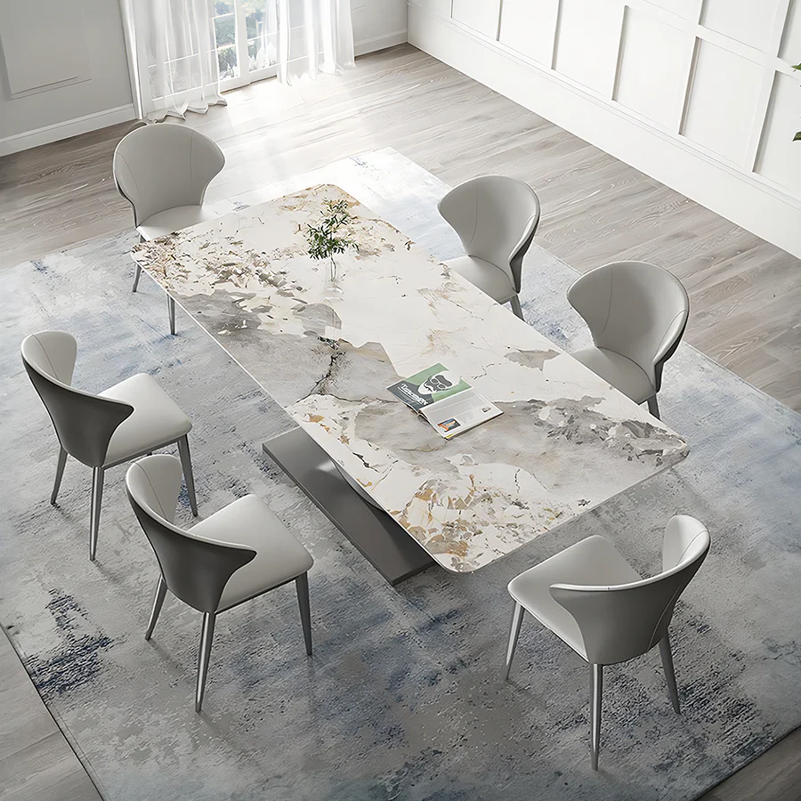 Vera Modern Dining Table & Chairs Set, Sintered Stone Top, Luxury Wooden Frame Dining Set with PU Leather Chairs, Grey & Walnut Finish