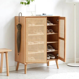Hans Rattan Shoe Storage Cabinet in Oak Finish – Modern Wooden Shoe Organizer with Breathable Rattan Doors, Space-Saving Hallway Storage Unit - My Store