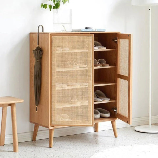 Hans Rattan Shoe Storage Cabinet in Oak Finish – Modern Wooden Shoe Organizer with Breathable Rattan Doors, Space-Saving Hallway Storage Unit - My Store