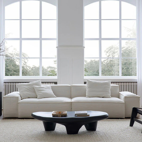 Zaavan Modular Three Seater Sofa | Modern Linen Upholstered Couch | Off White Contemporary Living Room Sofa | Comfortable High Resilience Foam Seating
