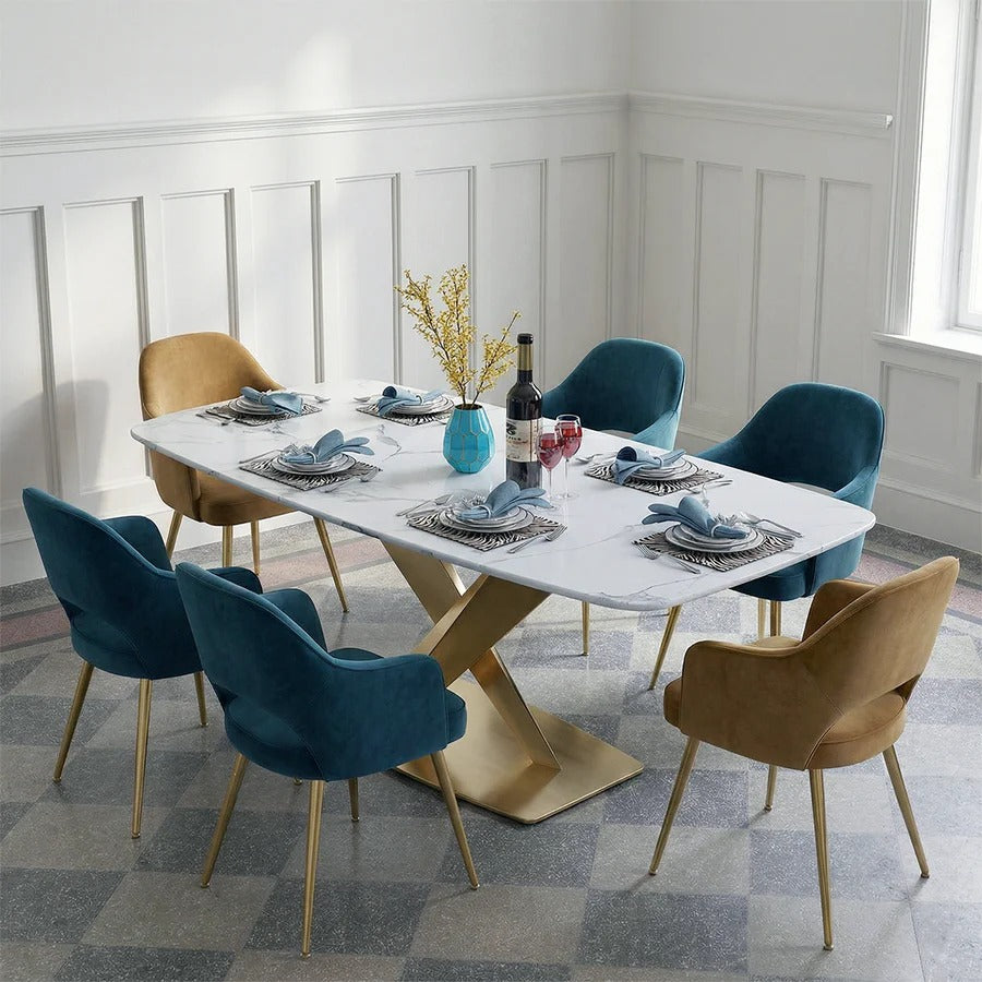 LUCI Marble Dining Table with Gold Metal Base, Modern White Dining Table, Luxury Contemporary Kitchen & Dining Room Table