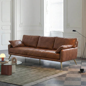 Luna 3-Seater Real Leather Sofa (208 cm)– Modern Contemporary Corner Style Couch with High Density Foam & Steel Frame – Comfortable Living Room Seating (Green, Brown, Grey) - My Store