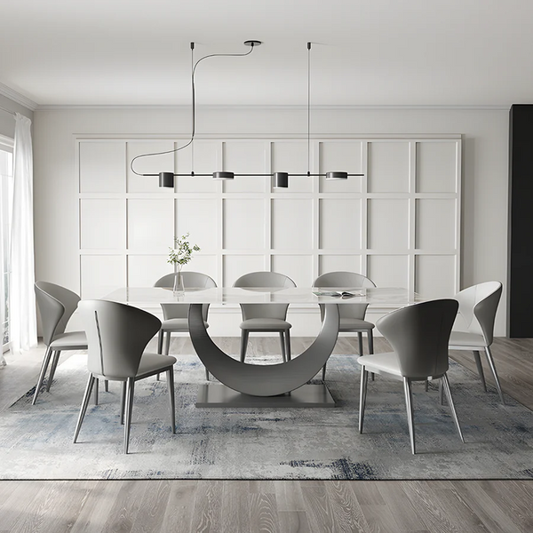 Vera Modern Dining Table & Chairs Set, Sintered Stone Top, Luxury Wooden Frame Dining Set with PU Leather Chairs, Grey & Walnut Finish