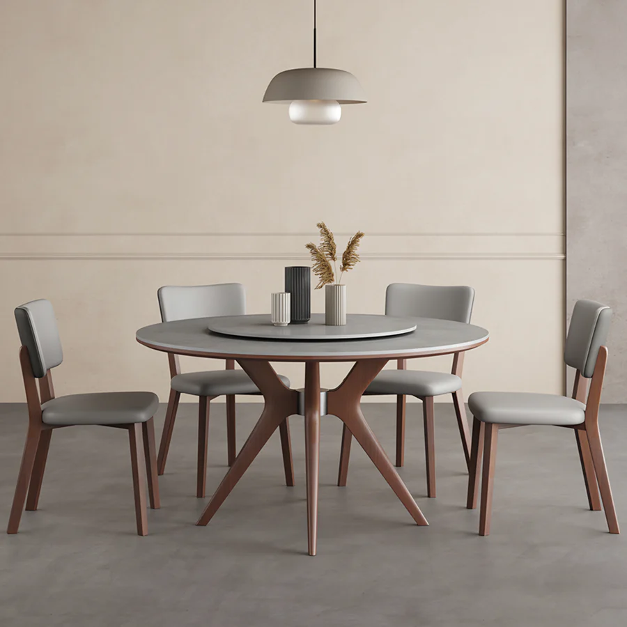 Leah Round Dining Table Set – Modern Sintered Stone Round Dining Table with Matching PU Leather Chairs, Solid Wood Frame, Contemporary Dining Set for 4–6 Seating, Grey & Walnut Finish