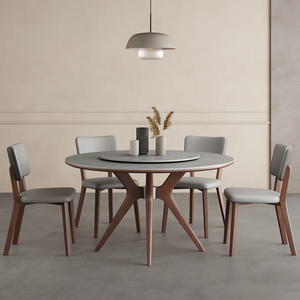 Leah Round Dining Table Set – Modern Sintered Stone Round Dining Table with Matching PU Leather Chairs, Solid Wood Frame, Contemporary Dining Set for 4–6 Seating, Grey & Walnut Finish