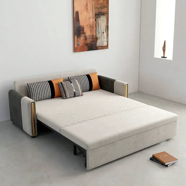 Imelde Two Seater Sofa Bed – Convertible Linen-Look Pull Out Sofa Bed Couch with Metal Frame, Space Saving Sleeper Sofa for Living Room, Guest Room & Small Spaces (Green, Grey, Orange)