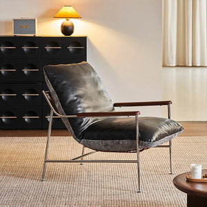 Prasad Lounge Chair with Ottoman – Real Leather Accent Armchair with Stainless Steel Base, Modern Reclining Lounge Seat with Footrest, Contemporary Living Room Chair - My Store