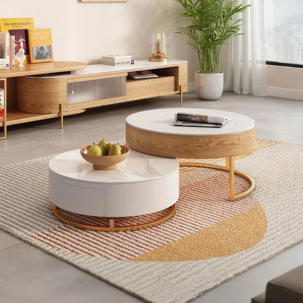 Amanda Living Room Set – Coffee Table and TV Stand, Modern Light Oak Finish, Wood & Sintered Stone Media Furniture Set for Stylish Interiors