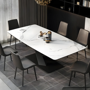 Sanders Triangle Dining Table, Sintered Stone Top Modern Dining Table with Painted Steel Legs, Marble Effect Kitchen & Dining Table, White & Black Contemporary Dining Room Table