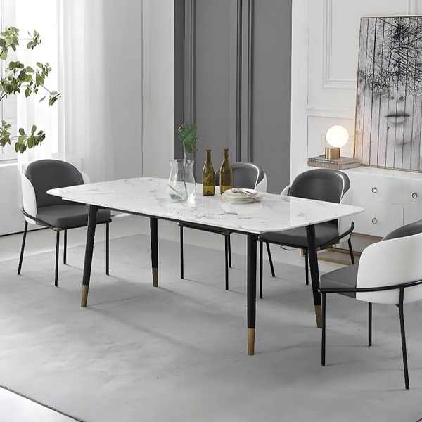Malvern Modern Dining Table – White Sintered Stone Top with Black Painted Steel Legs, Contemporary Dining Table for 4–6 Seater Homes, Easy Assembly Kitchen & Dining Room Table