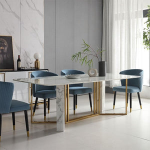 FenX Modern Dining Table, Sintered Stone Top Dining Table with Gold Steel Base, Luxury Marble Effect 6 Seater Dining Table Style for Kitchen & Dining Room, White and Gold Finish