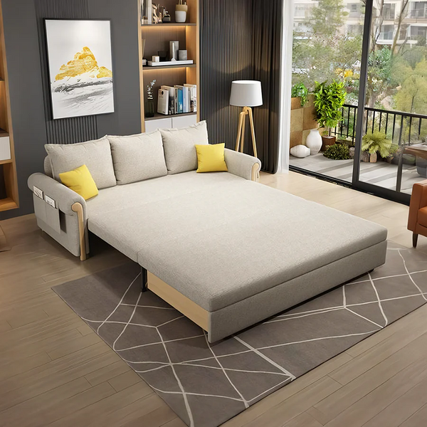 Braylene Linen Two Seater Sofa Bed – Convertible Fabric Sofa with Wooden Frame, Space-Saving Guest Bed for Living Room or Bedroom, Beige