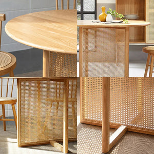 Bruce Round Rattan Dining Table Light Oak Finish Contemporary Ash Wood Dining Table for Kitchen Dining Room Compact Space Saving Table
