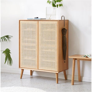 Hans Rattan Shoe Storage Cabinet in Oak Finish – Modern Wooden Shoe Organizer with Breathable Rattan Doors, Space-Saving Hallway Storage Unit - My Store