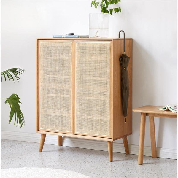 Hans Rattan Shoe Storage Cabinet in Oak Finish – Modern Wooden Shoe Organizer with Breathable Rattan Doors, Space-Saving Hallway Storage Unit - My Store