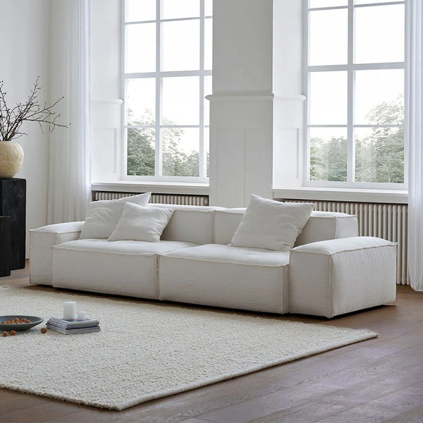 Zaavan Modular Three Seater Sofa | Modern Linen Upholstered Couch | Off White Contemporary Living Room Sofa | Comfortable High Resilience Foam Seating
