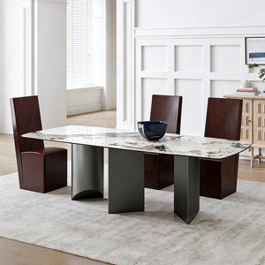 Nala Large Dining Table with Black Legs | Sintered Stone Marble Effect Top | Modern Contemporary Dining Table for 6–8 Seats | Steel Frame Dining Table