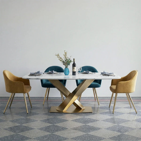 LUCI Marble Dining Table with Gold Metal Base, Modern White Dining Table, Luxury Contemporary Kitchen & Dining Room Table