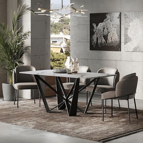 Helix Sintered Stone Dining Table Set with Black Steel Base, Modern Rectangular Dining Table and Chairs Set, Contemporary Dining Room Furniture