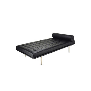 Barcelona Real Leather Daybed – Modern Black Chaise Lounge Sofa with Steel Frame, Contemporary Living Room Day Bed