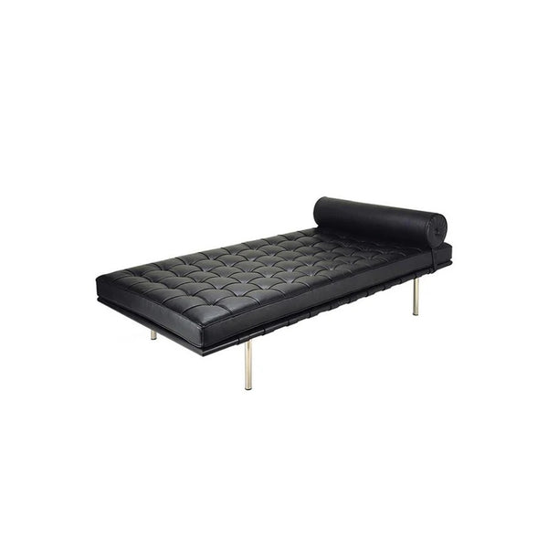 Barcelona Real Leather Daybed – Modern Black Chaise Lounge Sofa with Steel Frame, Contemporary Living Room Day Bed