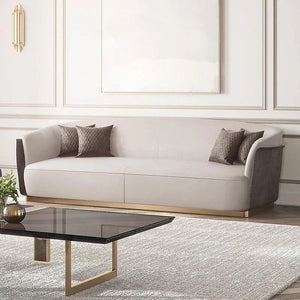 Demure Three Seater Velvet Sofa | Modern Contemporary 3-Seater Couch with Painted Steel Frame | Beige, Brown & Green Upholstered Living Room Sofa