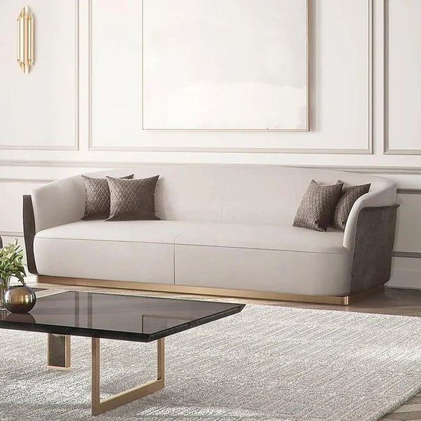 Demure Three Seater Velvet Sofa | Modern Contemporary 3-Seater Couch with Painted Steel Frame | Beige, Brown & Green Upholstered Living Room Sofa