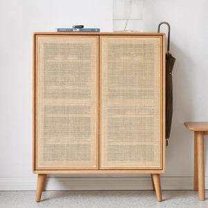 Hans Rattan Shoe Storage Cabinet in Oak Finish – Modern Wooden Shoe Organizer with Breathable Rattan Doors, Space-Saving Hallway Storage Unit - My Store