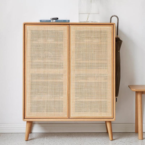 Hans Rattan Shoe Storage Cabinet in Oak Finish – Modern Wooden Shoe Organizer with Breathable Rattan Doors, Space-Saving Hallway Storage Unit - My Store