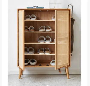 Hans Rattan Shoe Storage Cabinet in Oak Finish – Modern Wooden Shoe Organizer with Breathable Rattan Doors, Space-Saving Hallway Storage Unit - My Store