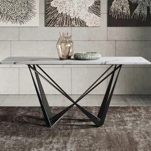 Helix Sintered Stone Dining Table Set with Black Steel Base, Modern Rectangular Dining Table and Chairs Set, Contemporary Dining Room Furniture