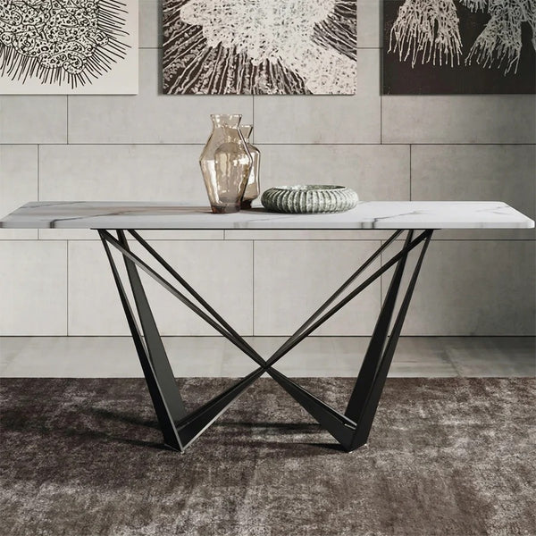 Helix Sintered Stone Dining Table Set with Black Steel Base, Modern Rectangular Dining Table and Chairs Set, Contemporary Dining Room Furniture