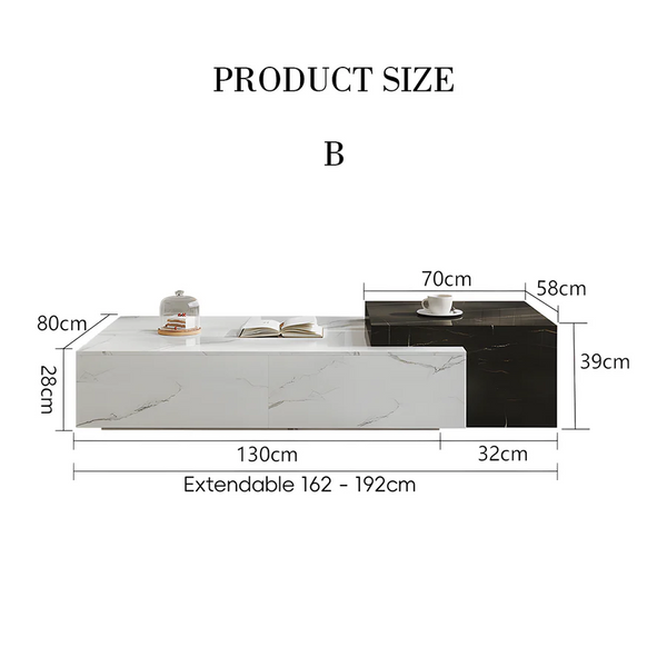 Erato Extendable Rectangle Nesting Coffee Table Set with Sintered Stone Top, Modern Space Saving Living Room Tables, White & Black