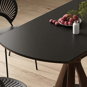 Caruso Round Folding Dining Table, Sintered Stone Top, Solid Wood Frame, Space Saving Foldable Dining Table, Modern Black Finish