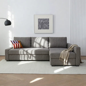 Edwards Three Seater Corner Sofa Bed with Storage, Linen Upholstered Pull-Out Sofa Bed with Chaise, Grey Corner Sleeper Sofa for Living Room or Guest Room