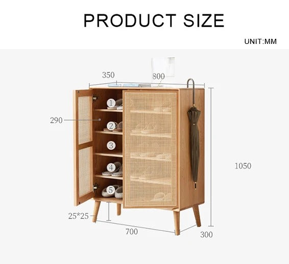 Hans Rattan Shoe Storage Cabinet in Oak Finish – Modern Wooden Shoe Organizer with Breathable Rattan Doors, Space-Saving Hallway Storage Unit - My Store