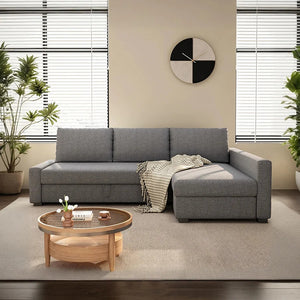 Edwards Three Seater Corner Sofa Bed with Storage, Linen Upholstered Pull-Out Sofa Bed with Chaise, Grey Corner Sleeper Sofa for Living Room or Guest Room